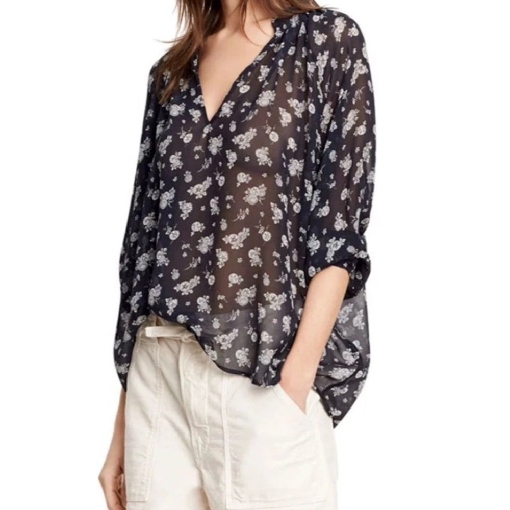 Vince Sheer Silk Floral Blouse Black White Romantic Billow Sleeve Boho Luxe Top